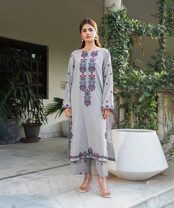 2PC - Embroidered Striped Lawn Cotton Suit