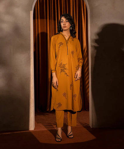 2PC - Embroidered Crepe Solid Suit