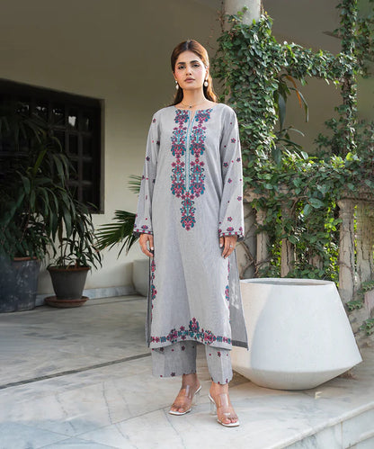 2PC - Embroidered Striped Lawn Cotton Suit